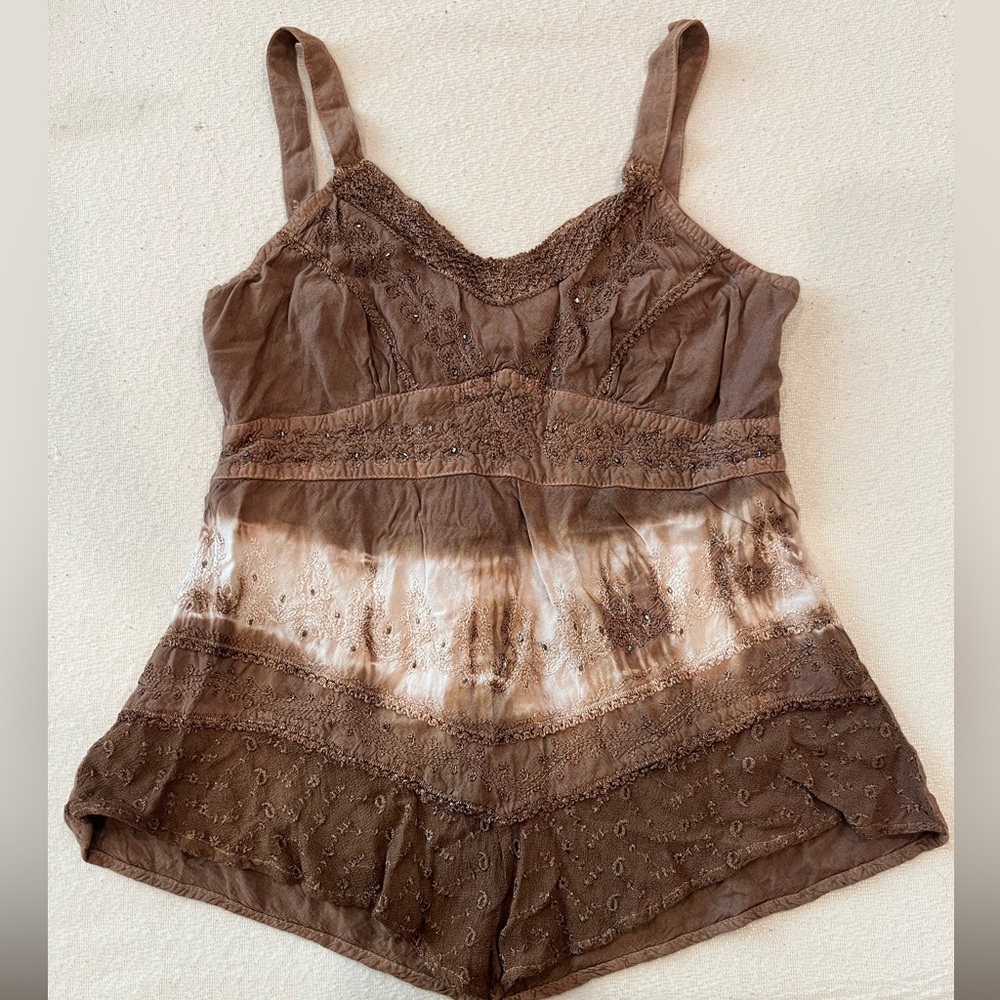 Brown and cream tie dye boho beaded fairy tank